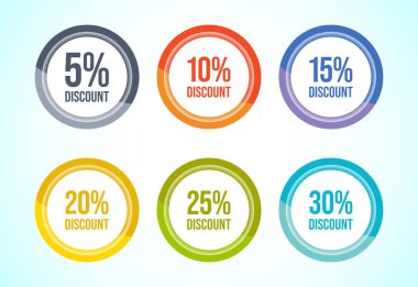 Ürün indirimli etiket seti. Alışveriş indirim etiketi% 5, 10, 15, 20, 25 ve% 30 indirimli.
