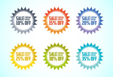 İndirimli etiket seti. Alışveriş indirim etiketi% 10, 15, 20, 25, 30 ve% 35 indirimli.