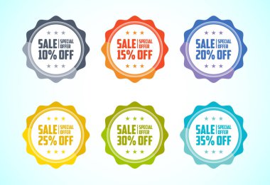 İndirimli etiket seti. Alışveriş indirim etiketi% 10, 15, 20, 25, 30 ve% 35 indirimli.