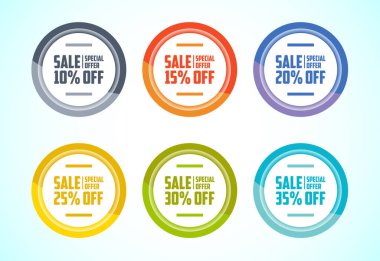 İndirimli etiket seti. Alışveriş indirim etiketi% 10, 15, 20, 25, 30 ve% 35 indirimli.