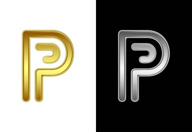 Alfabe P 'nin ilk harfi altın ve gümüş renginde. Şirket iş kimliği için grafiksel alfabe sembolü