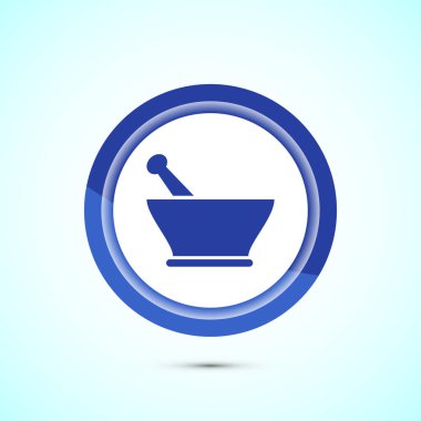 Mortar and pestle icon design illustration. Pharmacy sign symbol for app, website, and logo. Blue color button design clipart