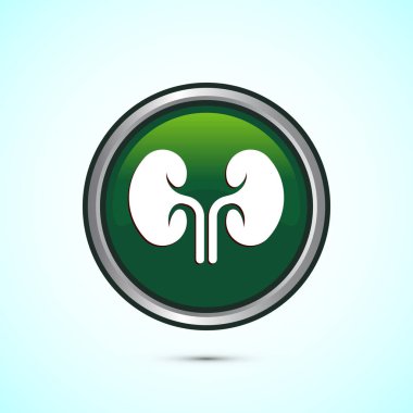 Böbrek ikonu tasarımı çizimi. İnsan organı ikonu, böbrek bakım logosu sembolü. Yeşil renkli yuvarlak düğme tasarımı