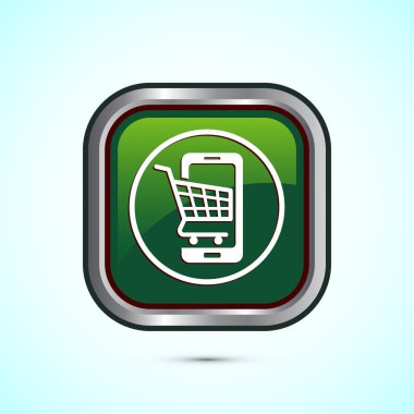 Çevrimiçi alışveriş ikonu tasarımı illüstrasyonu. Uygulamalar ve web siteleri için alışveriş sembolü. Yeşil renkli kare düğme tasarımı