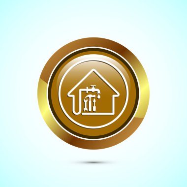 Su ikonu tasarım çizimi. Tesisat onarım servisi işareti, altın rengi yuvarlak düğme tasarımı