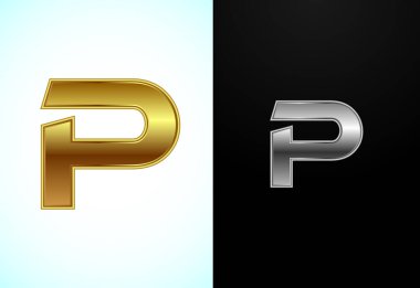 Yaratıcı İngiliz harfleri, altın ve gümüş renkli P harfi. Grafik alfabe simgesi