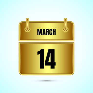 Altın arka planda 14 Mart takvim ve zaman planlayıcısı. Günlük takvim simgesi, zamanlama simgesi