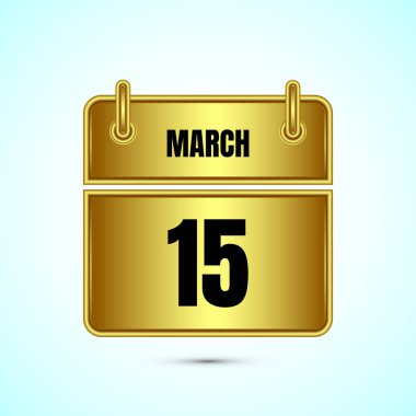 Altın arka planda 15 Mart takvim ve zaman planlayıcısı. Günlük takvim simgesi, zamanlama simgesi
