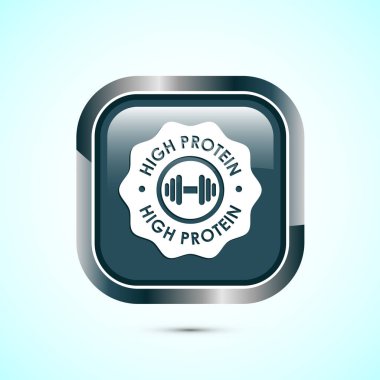 Yüksek protein simgesi, ambalaj için yüksek protein etiketi tasarımı, sağlıklı beslenme rozeti, gri renkli kare düğme tasarımı