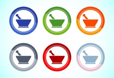 Havan topu ve tokmak ikonu tasarımı çizimi. Uygulama, web sitesi ve logo için eczane işareti. 6 renk düğmesi tasarımı