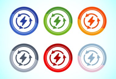 Yenilenebilir enerji ikonu tasarımı çizimi. Yenilenebilir güç işareti sembolü, 6 renk düğmesi dizaynı