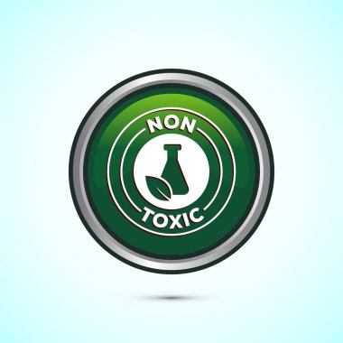 Zehirli olmayan ikon tasarımı çizimi. Zararlı bir kimyasal işaret yok. Yeşil renkli yuvarlak düğme tasarımı
