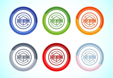 İade simgesi tasarımı basit, ürün ambalajı için kolay iade etiketi. 6 renk düğmesi tasarımı