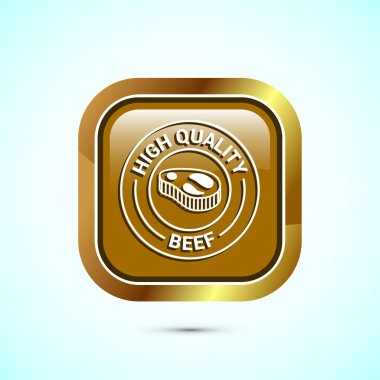 Yüksek kaliteli sığır eti tasarımı çizimi, yüksek kaliteli et rozeti, taze et etiketi, altın renkli kare tasarım