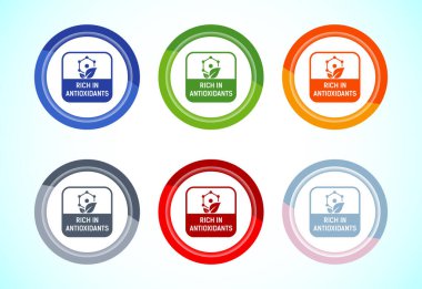Antioksidan ikon tasarımı açısından zengin. Antioksidan zengin gıda etiketi işareti, 6 renk düğmesi tasarımı