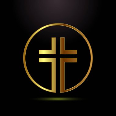 Hristiyan haçı tasarım çizimi, din işareti. Altın renkli kutsal haç logosu sembolü