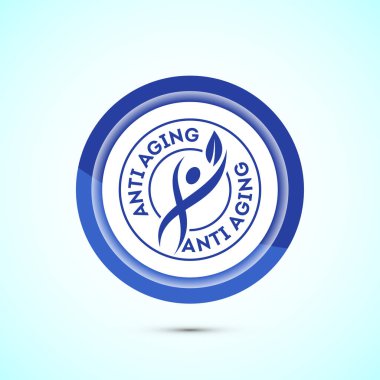 Yaşlanma karşıtı ikon tasarımı çizimi. Logo için simge, mobil uygulama, web sitesi, işaret, sembol. Mavi renk düğmesi tasarımı