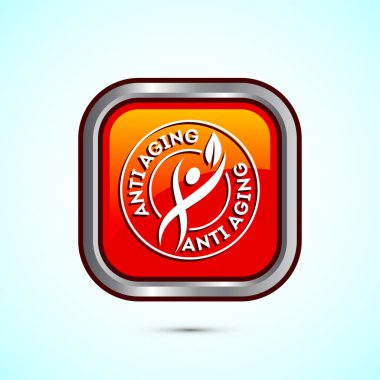 Yaşlanma karşıtı ikon tasarımı çizimi. Logo için simge, mobil uygulama, web sitesi, işaret, sembol. Turuncu renkli kare düğme tasarımı