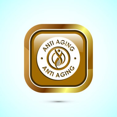 Yaşlanma karşıtı ikon tasarımı çizimi. Logo için simge, mobil uygulama, web sitesi, işaret, sembol. Altın renkli kare düğme tasarımı