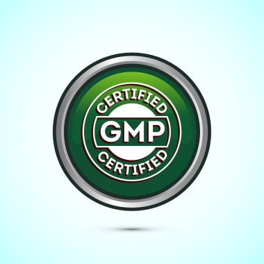 GMP sertifikalı ikon tasarımı çizimi. İyi üretim etiketi rozeti, yeşil renkli yuvarlak düğme tasarımı