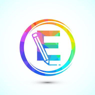 Baş harfi E alfabesi ve kalem simgesi. Eğitim, öğrenci ya da kurumsal kimlik logosu, düşük polyester tarzı