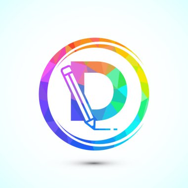 Kalem ikonlu D harfi. Eğitim, öğrenci ya da kurumsal kimlik logosu, düşük polyester tarzı