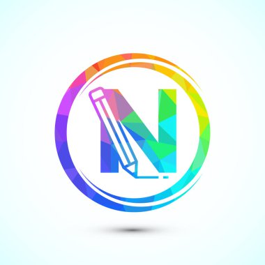 Kalem ikonlu ilk harf N. Eğitim, öğrenci ya da kurumsal kimlik logosu, düşük polyester tarzı