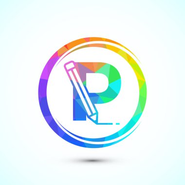Kalem ikonlu P harfi. Eğitim, öğrenci ya da kurumsal kimlik logosu, düşük polyester tarzı