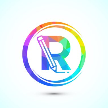 Kalem ikonlu ilk harf R. Eğitim, öğrenci ya da kurumsal kimlik logosu, düşük polyester tarzı