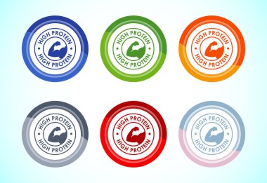 Yüksek protein simgesi tasarımı illüstrasyonu, yüksek protein etiketi işareti, 6 renk düğmesi tasarımı