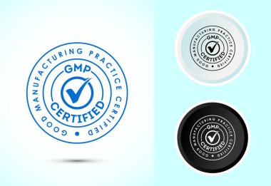 GMP sertifikalı ikon tasarımı çizimi. İyi üretim uygulaması etiket rozeti, siyah ve beyaz