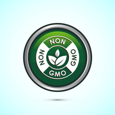 GMO tasarım olmayan simge tasarımı, GMO ücretsiz gıda etiketi, Organik sağlıklı yiyecek işareti, yeşil renkli yuvarlak düğme tasarımı