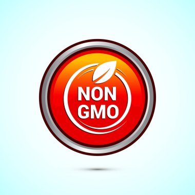 GMO tasarım olmayan simge tasarımı, GMO ücretsiz gıda etiketi, organik sağlıklı yiyecek işareti, turuncu renkli yuvarlak düğme tasarımı