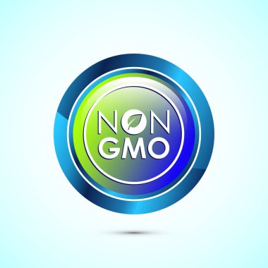 GMO tasarımı dışında tasarım illüstrasyonu, GMO ücretsiz gıda etiketi, organik sağlıklı yiyecek tabelası, parlak yuvarlak düğme tasarımı