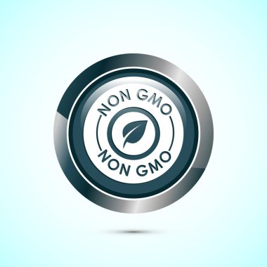 GMO tasarım olmayan simge tasarımı, GMO ücretsiz gıda etiketi, Organik sağlıklı yiyecek işareti, gri renkli yuvarlak düğme tasarımı