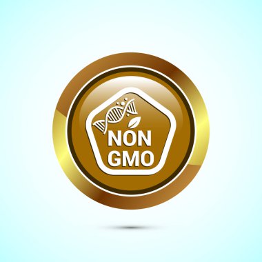 GMO tasarım olmayan simge tasarımı, GMO ücretsiz gıda etiketi, Organik sağlıklı yiyecek işareti, altın renkli yuvarlak düğme tasarımı