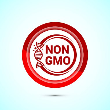 GMO tasarım olmayan simge tasarımı, GMO ücretsiz gıda etiketi, Organik sağlıklı yiyecek işareti, kırmızı renk düğmesi tasarımı