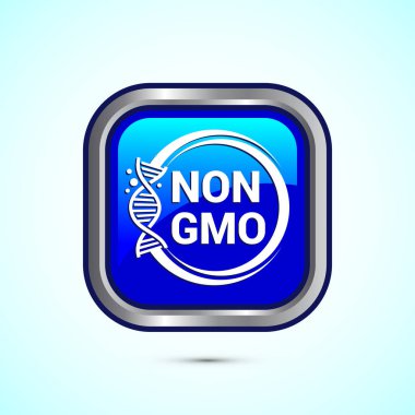 GMO tasarım illüstrasyonu, GDO ücretsiz gıda etiketi, organik sağlıklı yiyecek işareti, mavi renkli kare tasarım