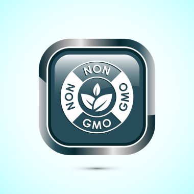 GMO tasarım illüstrasyonu, GDO ücretsiz gıda etiketi, organik sağlıklı yiyecek işareti, gri renkli kare düğme tasarımı