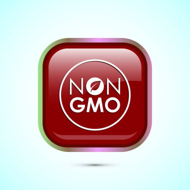 GMO tasarım illüstrasyonu, GMO ücretsiz gıda etiketi, organik sağlıklı yiyecek işareti, kırmızı renkli kare düğme tasarımı