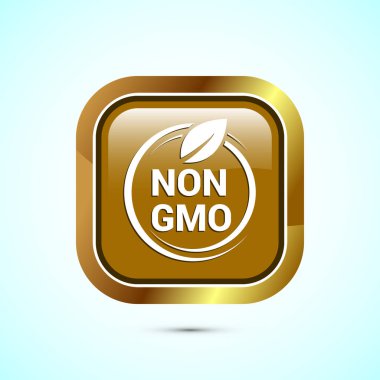 GMO tasarım illüstrasyonu, GMO ücretsiz gıda etiketi, organik sağlıklı yiyecek tabelası, altın renkli kare düğme tasarımı
