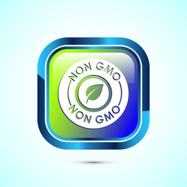 GMO tasarım illüstrasyonu, GMO ücretsiz gıda etiketi, Organik sağlıklı yiyecek tabelası, Parlak kare düğme tasarımı