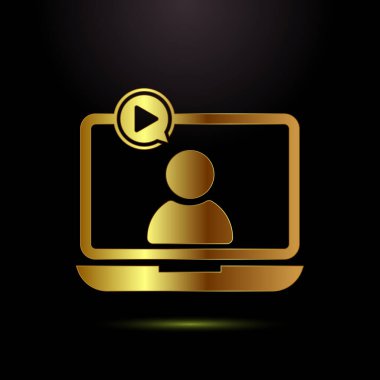 Video dersleri simge tasarımı illüstrasyonu, Video konferans simgesi, altın rengi şeklinde çevrimiçi seminer işareti simgesi