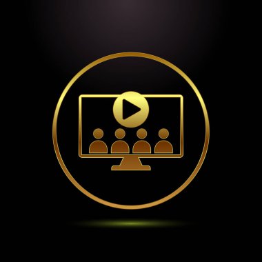 Video dersleri simge tasarımı illüstrasyonu, Video konferans simgesi, altın rengi şeklinde çevrimiçi seminer işareti simgesi