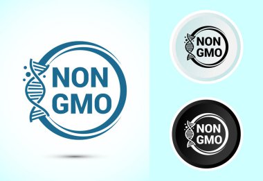 GMO tasarım illüstrasyonu, GDO ücretsiz gıda etiketi, siyah-beyaz renkli organik sağlıklı yiyecek simgesi