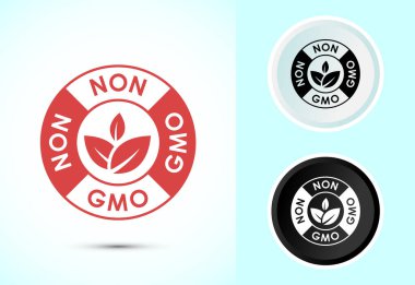 GMO tasarım illüstrasyonu, GDO ücretsiz gıda etiketi, siyah-beyaz renkli organik sağlıklı yiyecek simgesi