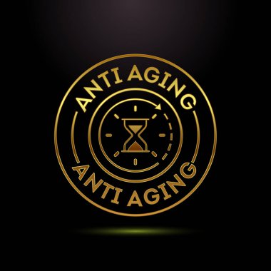 Yaşlanma karşıtı ikon tasarımı çizimi. Altın rengi ile yaşlanma karşıtı işaret sembolü
