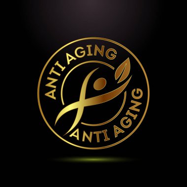 Yaşlanma karşıtı ikon tasarımı çizimi. Altın rengi ile yaşlanma karşıtı işaret sembolü