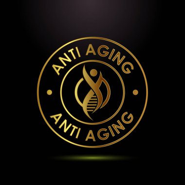 Yaşlanma karşıtı ikon tasarımı çizimi. Altın rengi ile yaşlanma karşıtı işaret sembolü