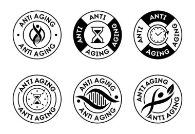 Yaşlanma karşıtı simge dizaynı. Yaşlanma karşıtı rozet işareti beyaz arkaplanda siyah